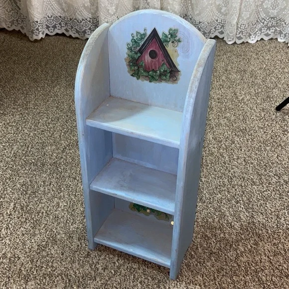 VTG, Blue Birdhouse & Flowers Wall Shelf Decor Handmade Wood And Hand-Painted
